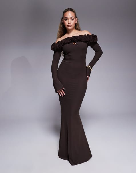 Wanderdoll Ainsleigh second skin bardot corsage detail maxi dress in chocolate - view 1