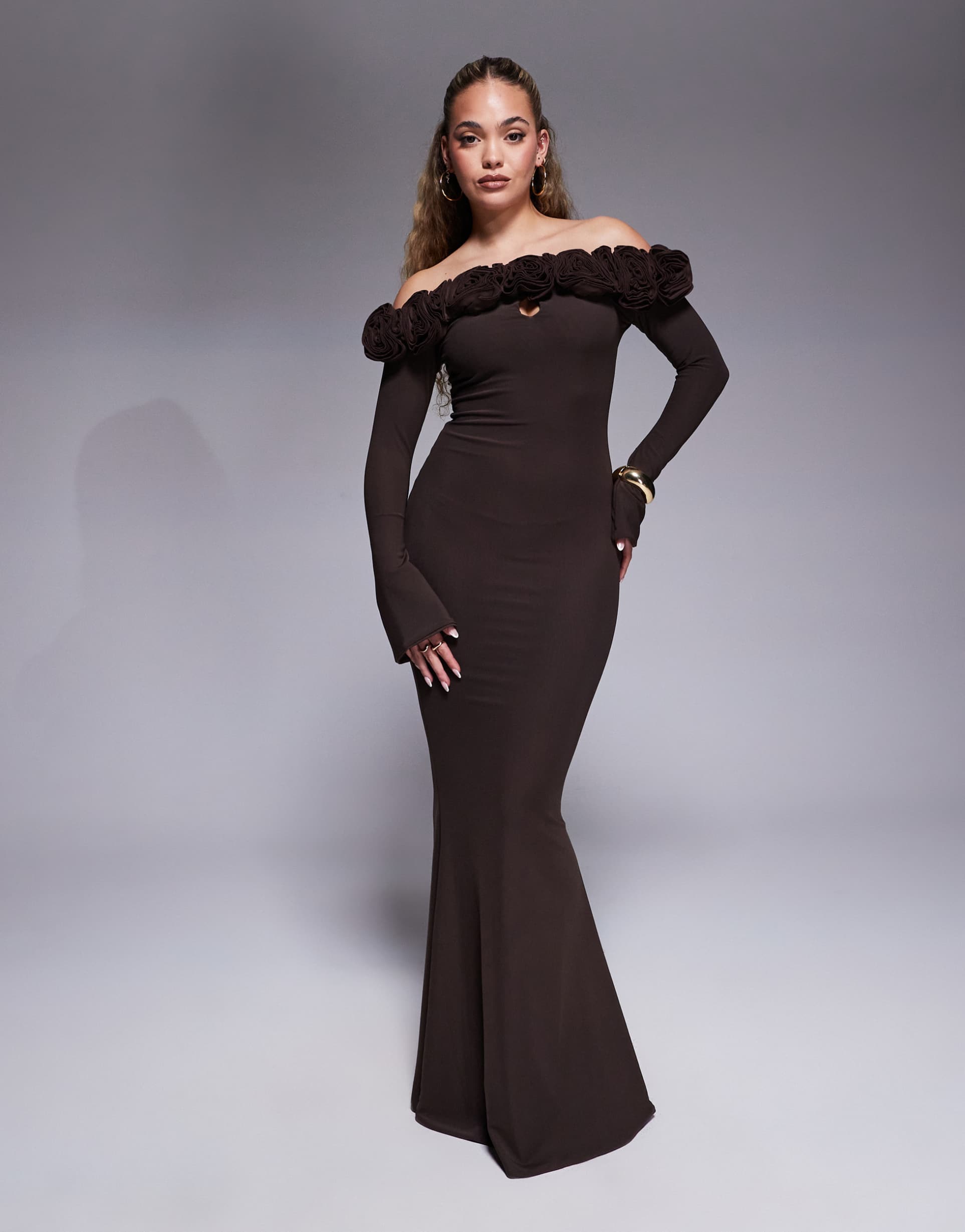 wanderdoll ainsleigh second skin bardot corsage detail maxi dress in chocolate