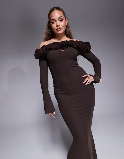 Wanderdoll Ainsleigh second skin bardot corsage detail maxi dress in chocolate, 2 of 4