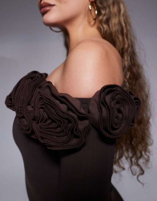Wanderdoll Ainsleigh second skin bardot corsage detail maxi dress in chocolate, 4 of 4
