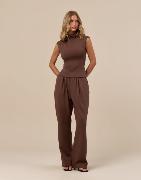 Wanderdoll Alex high neck cap sleeve top and trouser in chocolate - view 1