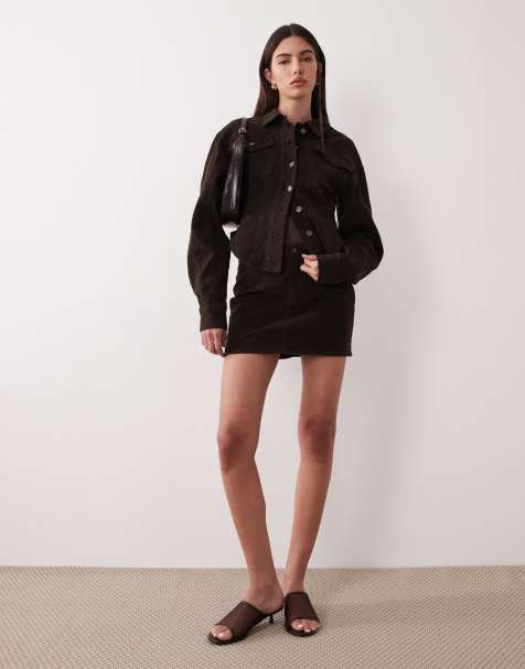 Wanderdoll Alix cinched waist seam detail denim jacket and mini skirt co-ord in mocha - view 1