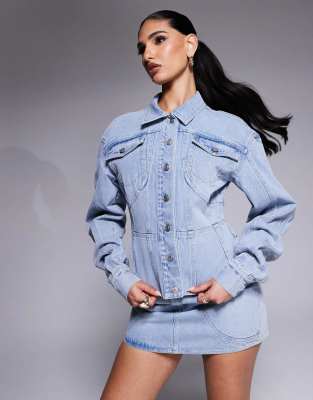 Wanderdoll Wanderdoll Alix cinched waist seam detail denim jacket co-ord in light blue wash