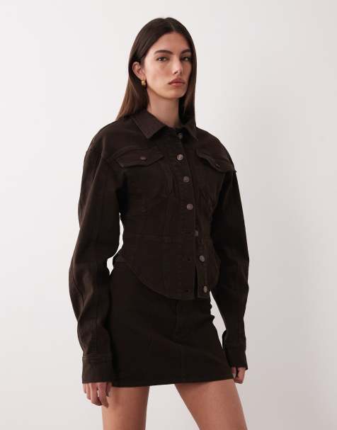 Wanderdoll Alix cinched waist seam detail denim jacket in mocha (part of a set) - view 1