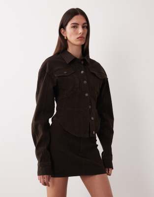 Wanderdoll Alix Cinched Waist Seam Detailing Denim Jacket In Brown