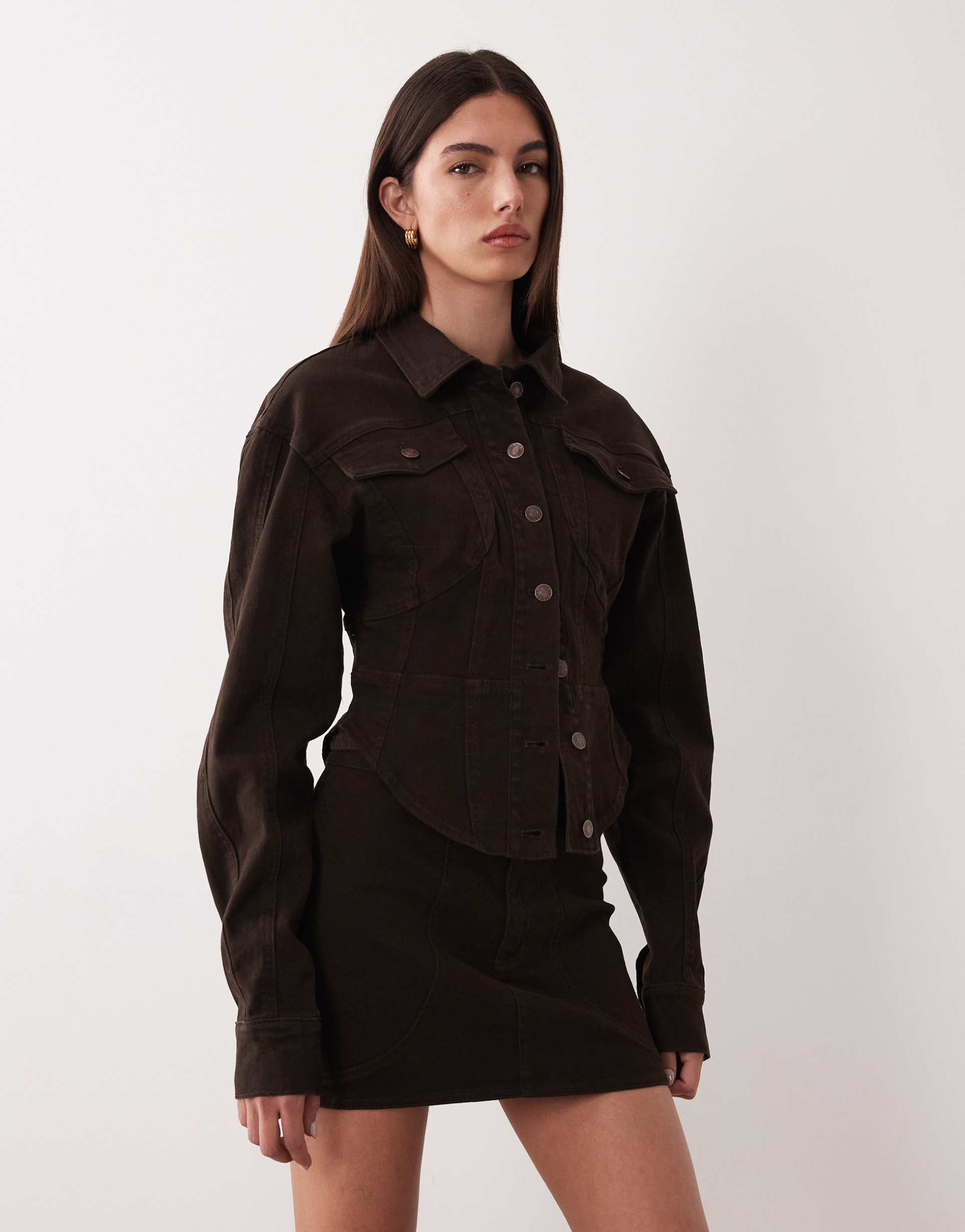 wanderdoll alix cinched waist seam detailing denim jacket in mocha - part of a set