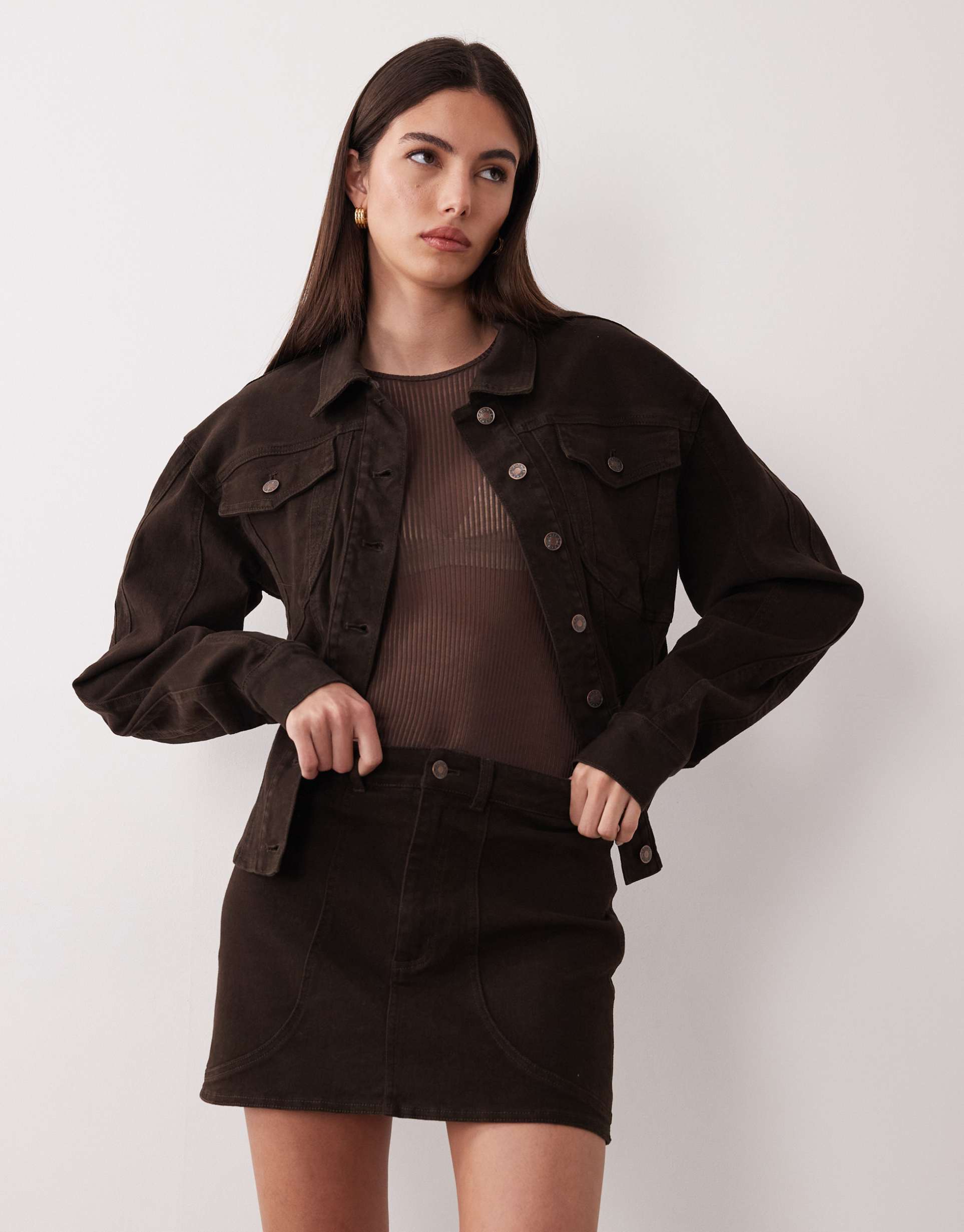 wanderdoll alix denim seam detailing mini skirt in mocha - part of a set