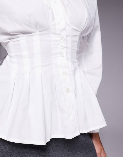 Wanderdoll Andy shoulder pad cinched waist button through shirt in white, 4 of 4