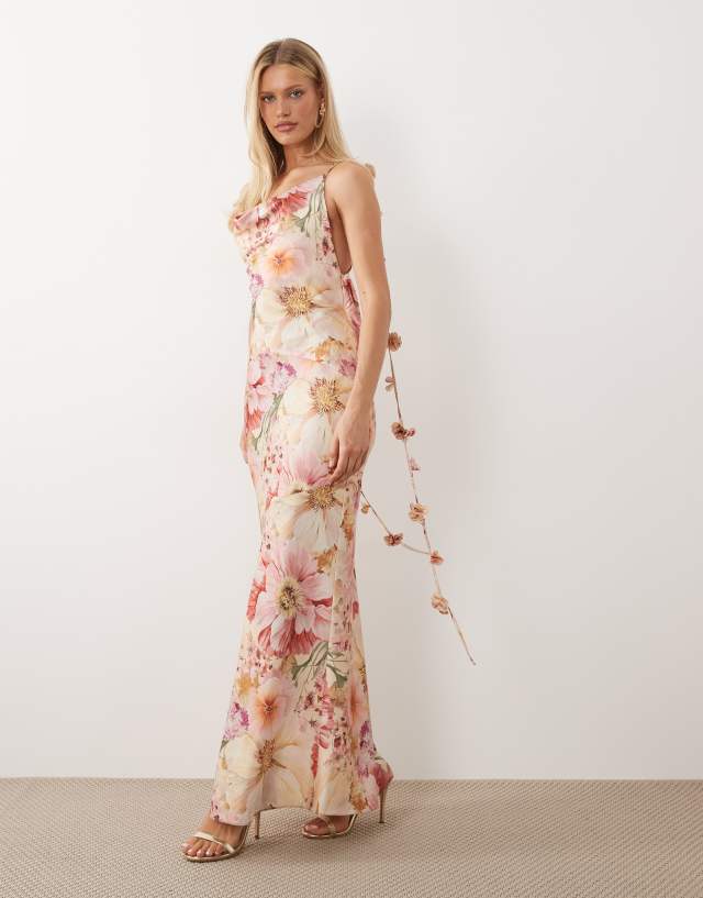 Wanderdoll Aria draped cowl neck flower detail cross back satin