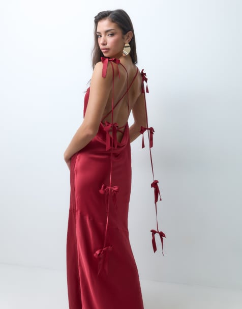 Wanderdoll Aria satin cowl neck bow drape detail strappy back maxi dress in wine