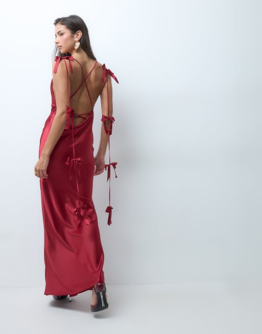 Wanderdoll Aria satin cowl neck bow drape detail strappy back maxi dress in wine, 4 of 5