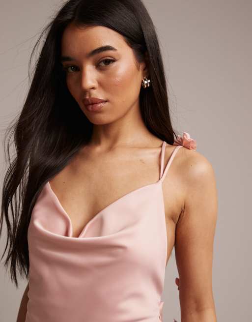 Wanderdoll Aria satin cowl neck drape bow detail cross back maxi dress in soft pink, 5 of 5