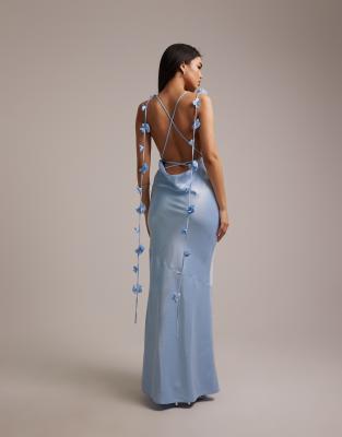 Wanderdoll Aria Satin Cowl Neck Drape Flower Detail Cross Back Maxi Dress In Blue