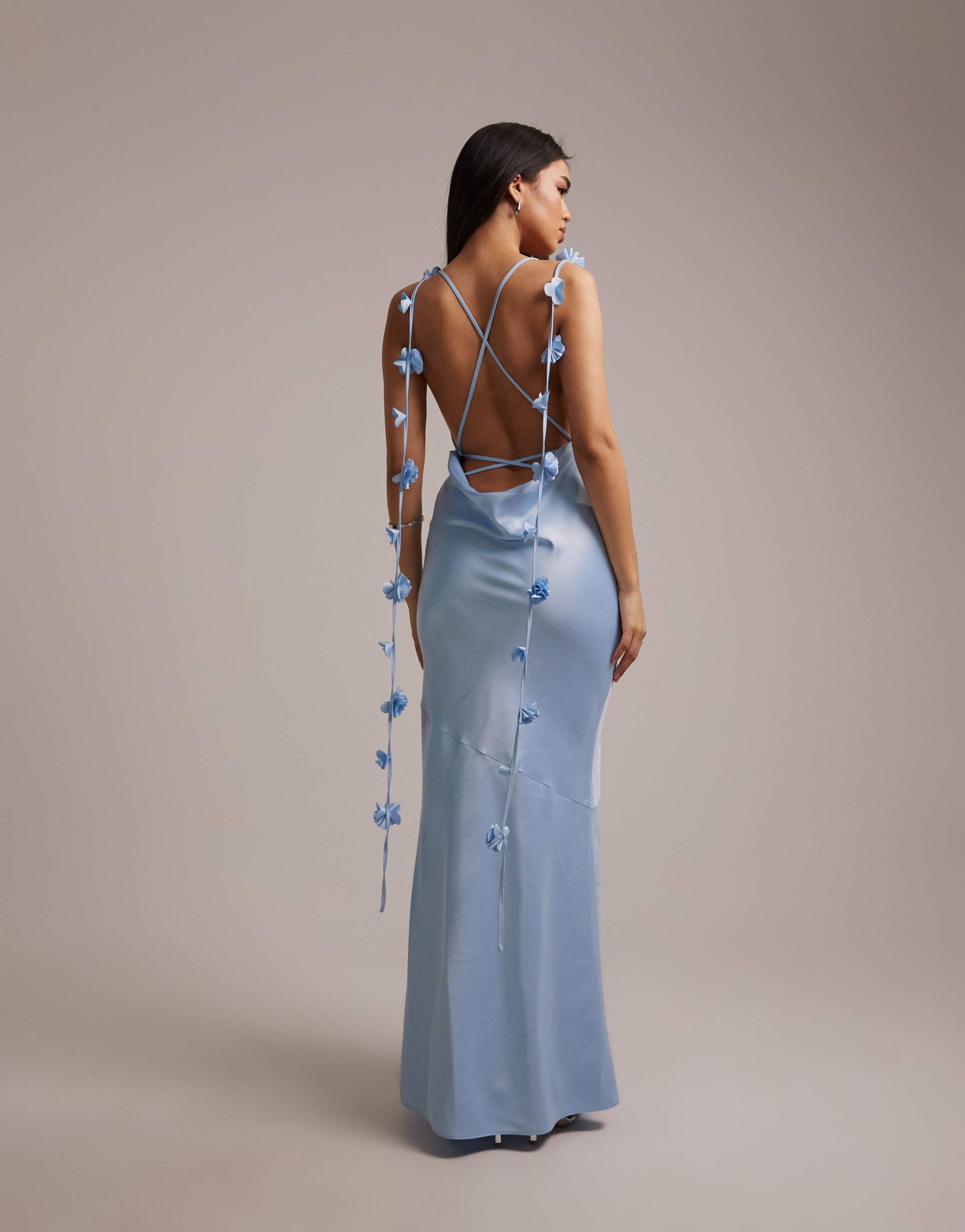 wanderdoll aria satin cowl neck drape flower detail cross back maxi dress in baby blue