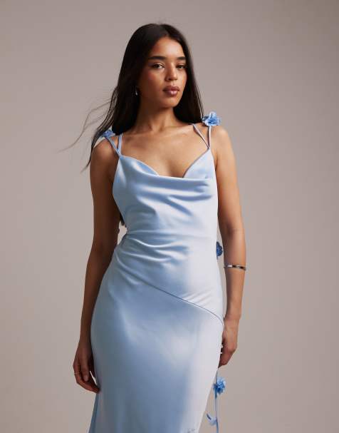 Wanderdoll Aria satin cowl neck drape flower detail cross back maxi dress in baby blue - view 1