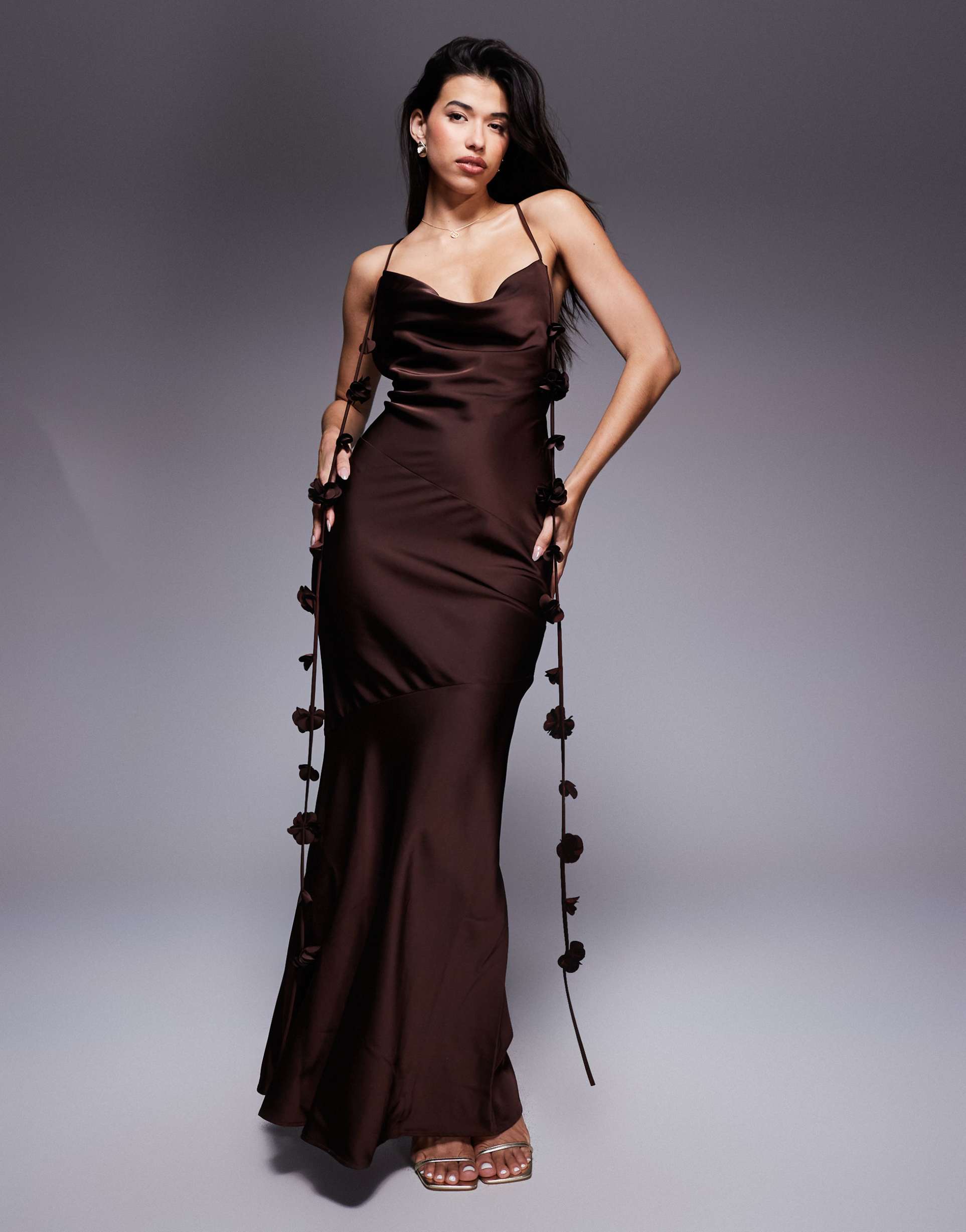 wanderdoll aria satin cowl neck drape flower detail cross back maxi dress in chocolate