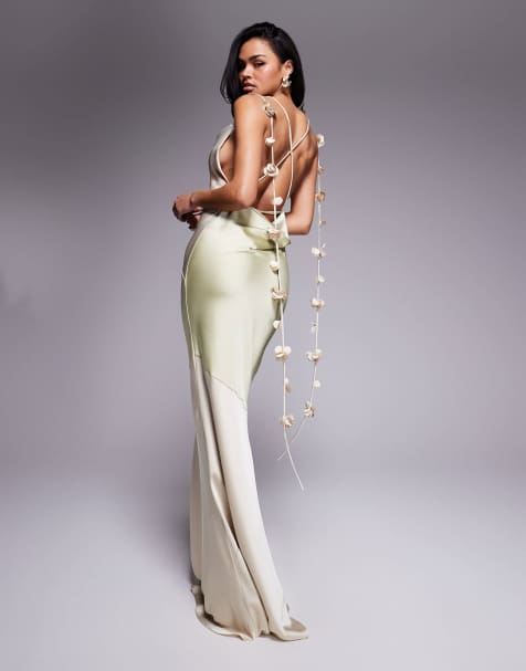 Wanderdoll Aria satin cowl neck draped flower detail cross back maxi dress in sage and cream - view 1