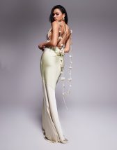 Rare London premium diamante cami midi dress in khaki