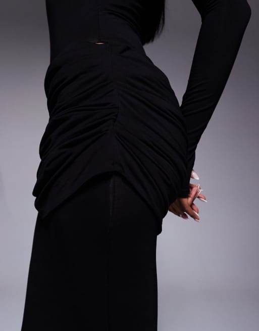 Wanderdoll – Ashtin – Dopasowana czarna spódnica maxi z drapowaniem, część zestawu, 4 z 5