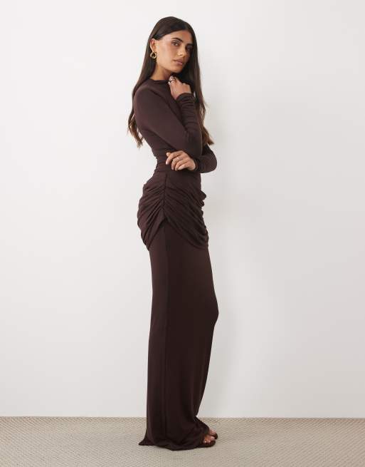 Wanderdoll Ashtin sculpted shoulder pad detail high neck long sleeve bodysuit and skirt in espresso, 2 of 3