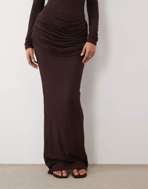 Wanderdoll Ashtin sculpted drape detail maxi skirt co-ord in espresso, 2 of 5