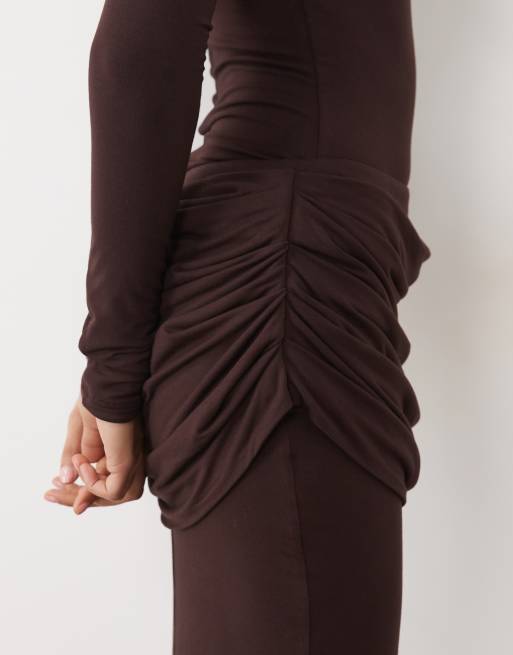 Wanderdoll Ashtin sculpted drape detail maxi skirt co-ord in espresso, 3 of 5