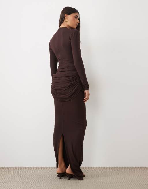 Wanderdoll Ashtin sculpted drape detail maxi skirt co-ord in espresso, 4 of 5