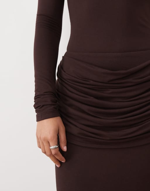 Wanderdoll Ashtin sculpted drape detail maxi skirt co-ord in espresso, 5 of 5