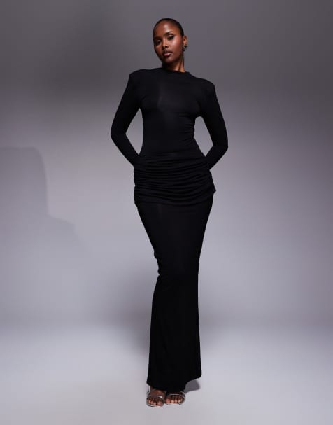 Wanderdoll Ashtin sculpting second skin drape detail maxi skirt co-ord in black - view 1