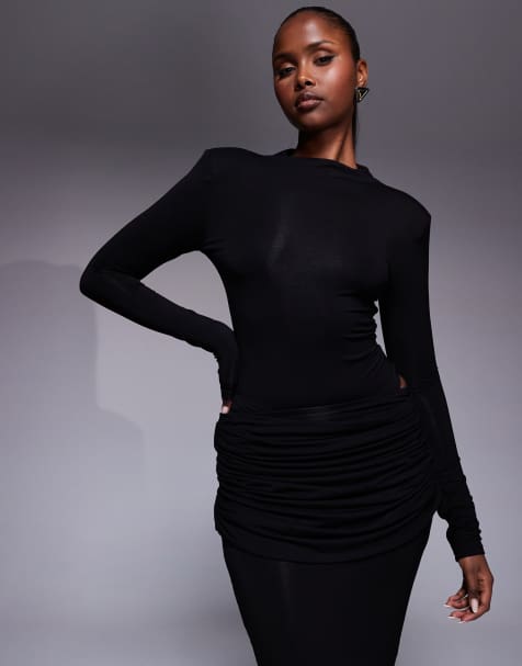 Wanderdoll Ashtin sculpting second skin shoulder pad high neck long sleeve body co-ord in black - view 1