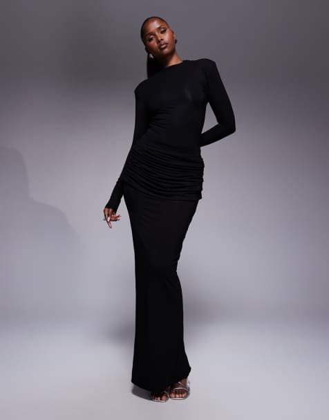 Wanderdoll Ashtin second skin drape detail maxi skirt and long sleeve bodysuit set in black - view 1
