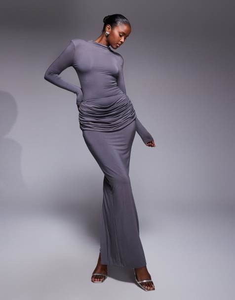 Wanderdoll Ashtin second skin drape detail maxi skirt co-ord in grey