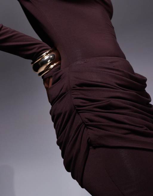 Wanderdoll Ashtin second skin drape detail maxi skirt in espresso - part of a set, 3 of 5