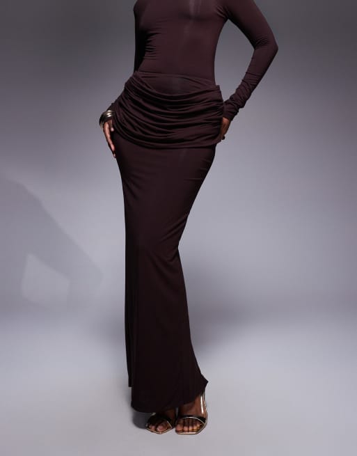 Wanderdoll Ashtin second skin drape detail maxi skirt in espresso - part of a set, 4 of 5