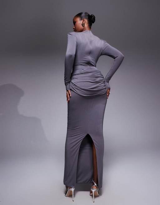 Wanderdoll Ashtin second skin drape detail maxi skirt in grey (part of a set), 4 of 5