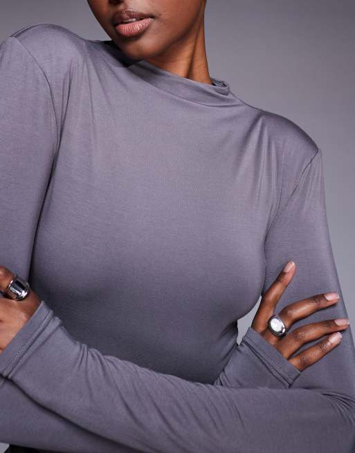 Wanderdoll Ashtin second skin shoulder pad high neck long sleeve bodysuit in grey (part of a set), 2 of 4