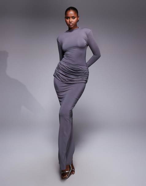 Wanderdoll Ashtin second skin shoulder pads high neck long sleeve bodysuit and maxi skirt set in gray - view 1