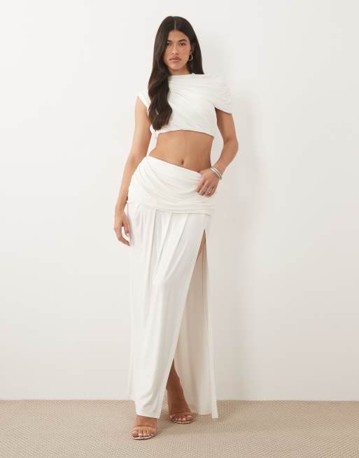Wanderdoll Athena sculpting second-skin high neck drape crop top and maxi skirt set in white, 2 of 3