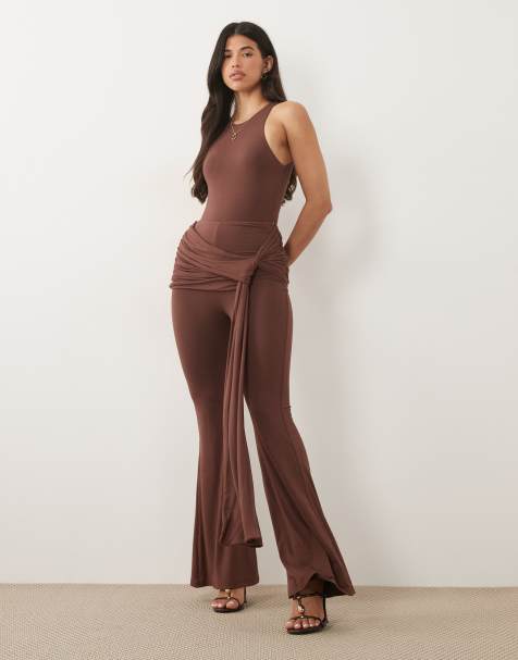 Wanderdoll Bella sculpting second skin racer neck bodysuit and wide leg pants set in chocolate - view 1