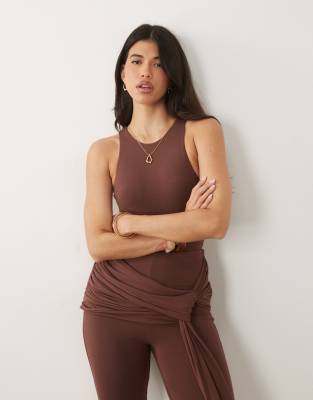 Wanderdoll Bella Sculpting Second Skin Racer Neck Bodysuit Co-ord In Brown
