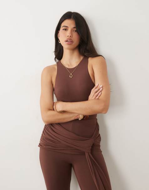 Wanderdoll Bella sculpting second skin racer neck bodysuit co-ord in chocolate - view 1