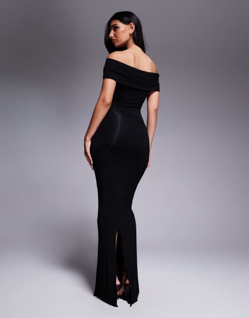 Wanderdoll – Belle – Hautenges, figurformendes Bodycon-Maxikleid in Schwarz mit Drapierung und Carmen-Ausschnitt, 3 von 4