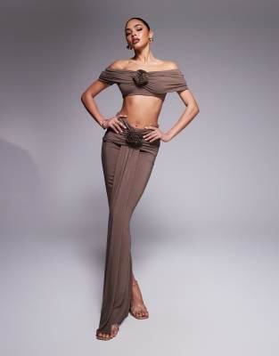 Belle modal ruched bardot top and maxi skirt set with corsage drape detail in chocolate-Brown