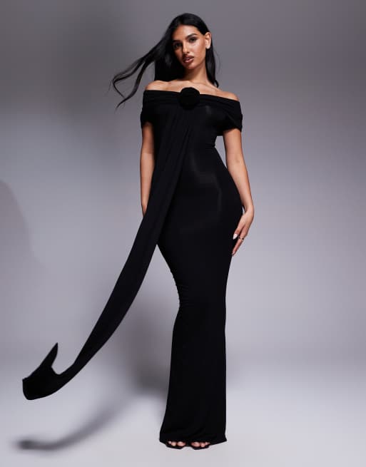 Wanderdoll - Belle - Robe longue moulante et près du corps à encolure Bardot drapée - Noir