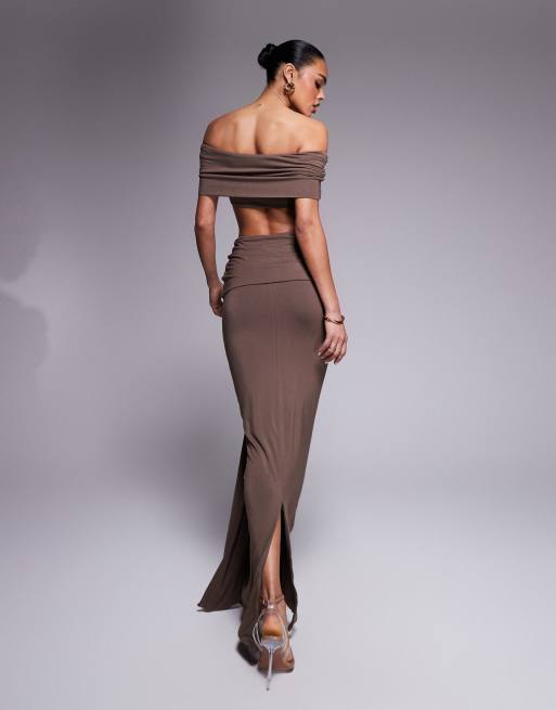 Wanderdoll Belle ruched bardot top and maxi skirt set with corsage