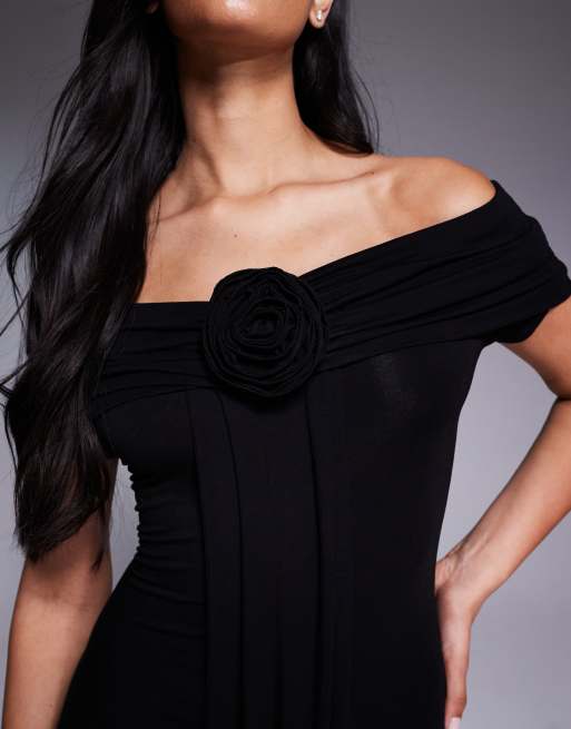 Wanderdoll Belle sculpting second skin bardot drape detail bodycon maxi dress in black, 2 of 4