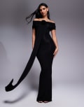 [Wanderdoll] Wanderdoll Belle second skin bardot drape detail bodycon maxi dress in black M BLACK