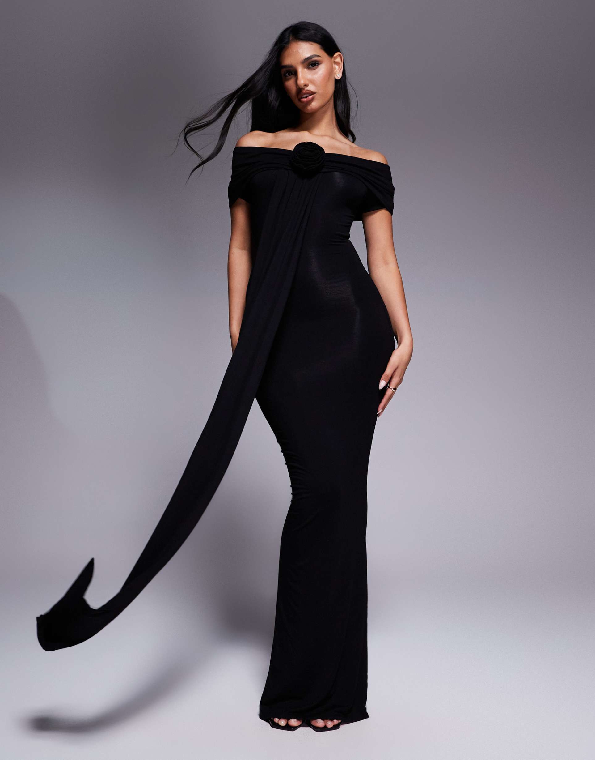wanderdoll belle second skin bardot drape detail bodycon maxi dress in black