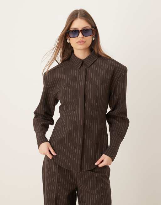 Wanderdoll Blythe shoulder pad cinch detail shirt, peplum shirt and pants set in brown pinstripe, 2 of 4