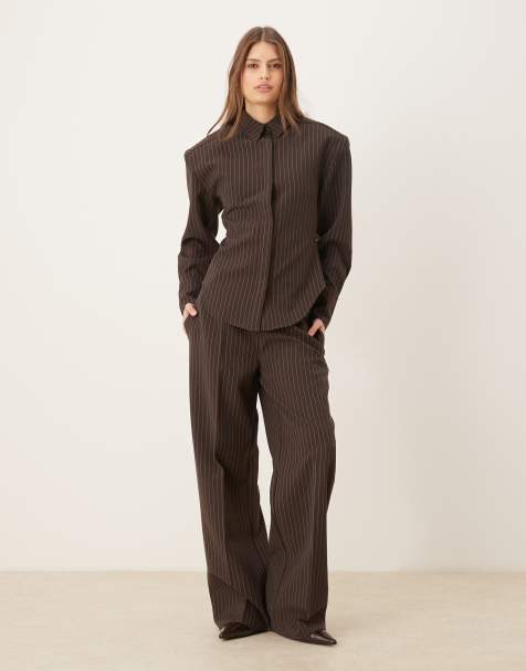 Wanderdoll Blythe shoulder pad cinch detail shirt, peplum shirt and pants set in brown pinstripe - view 1